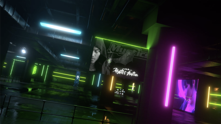 3D Scene of a underground garage with cyberpunk neon lights